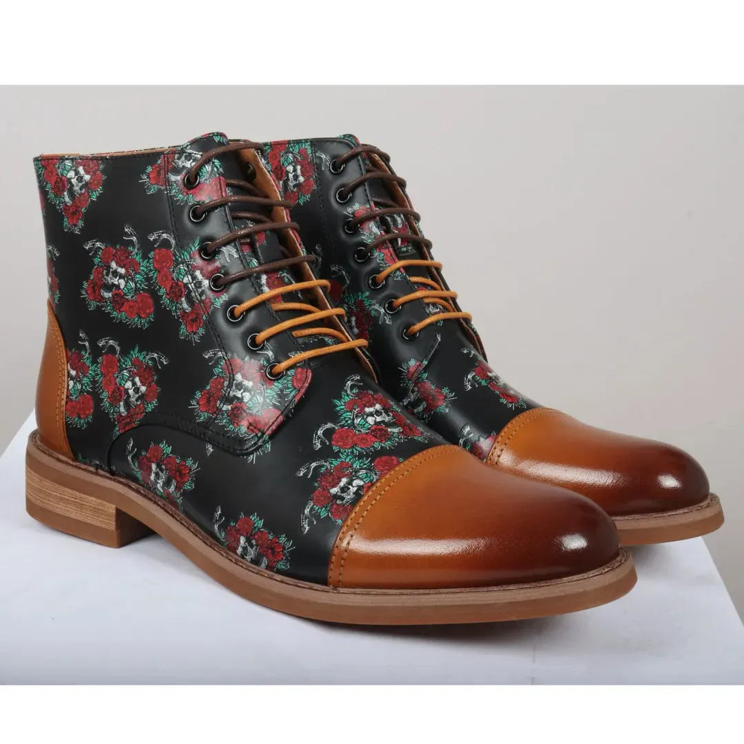 Adam - Men's Brown Floral Skull Print Leather Oxford Boots