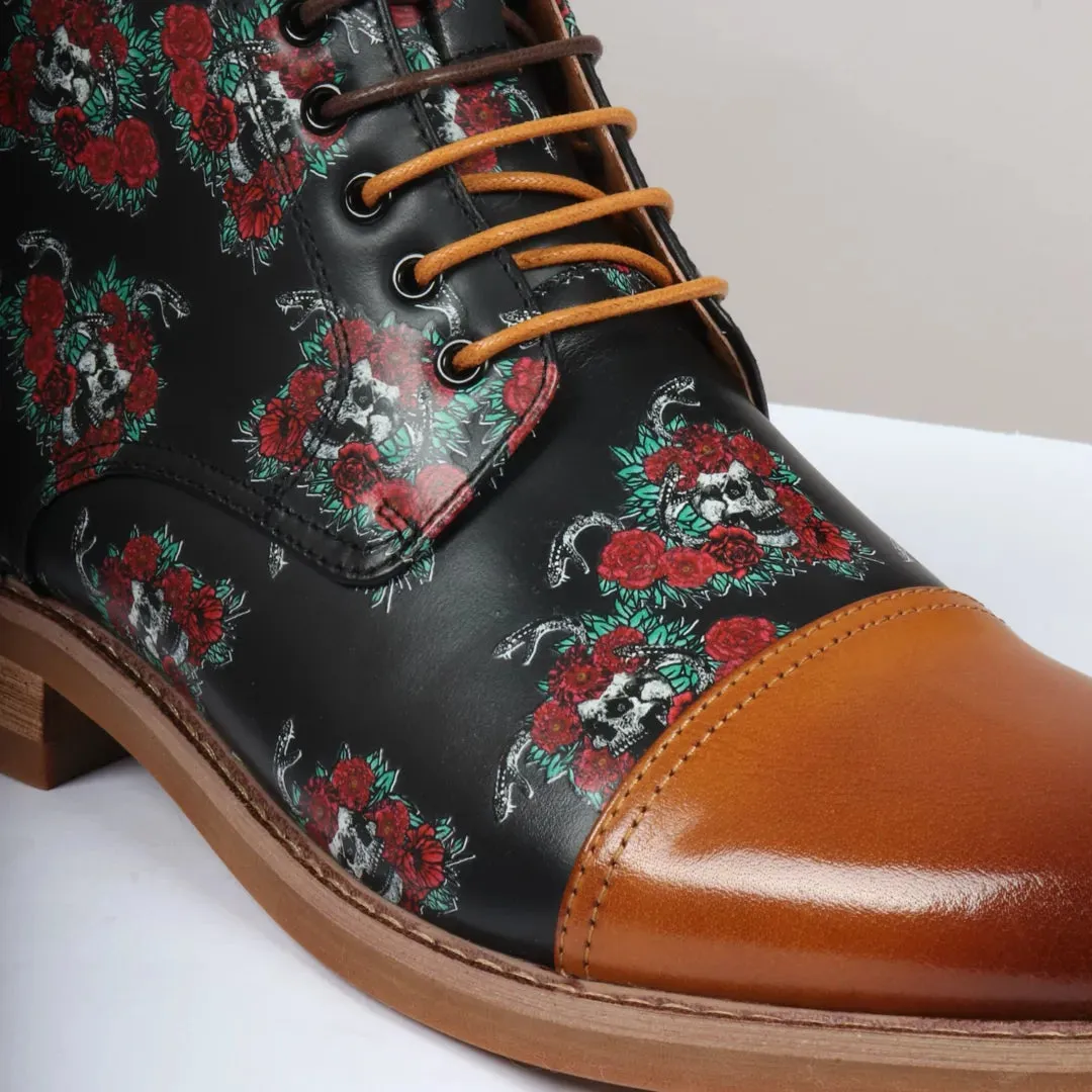 Adam - Men's Brown Floral Skull Print Leather Oxford Boots