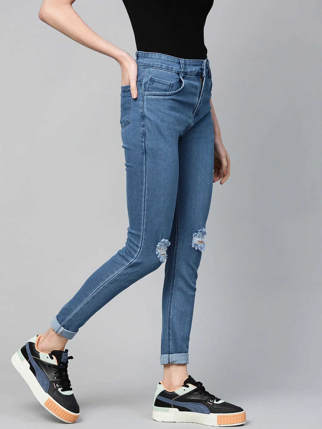 Basic Blue Knee Distressed Slit Jeans