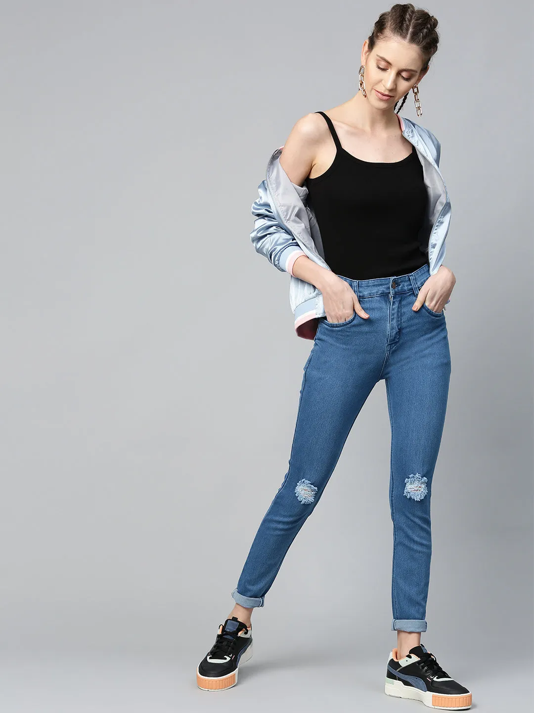 Basic Blue Knee Distressed Slit Jeans