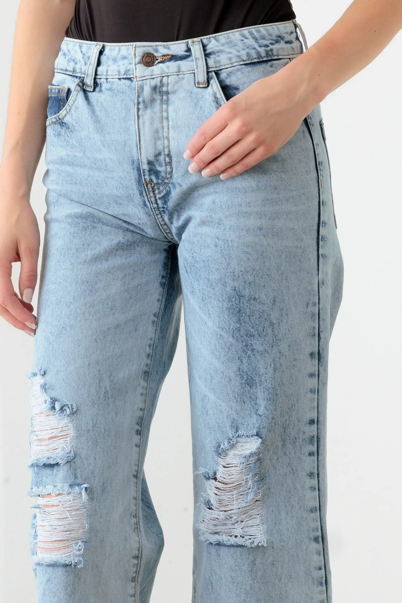 Blue Acid Washed Cotton Destroyed Cropped Jeans