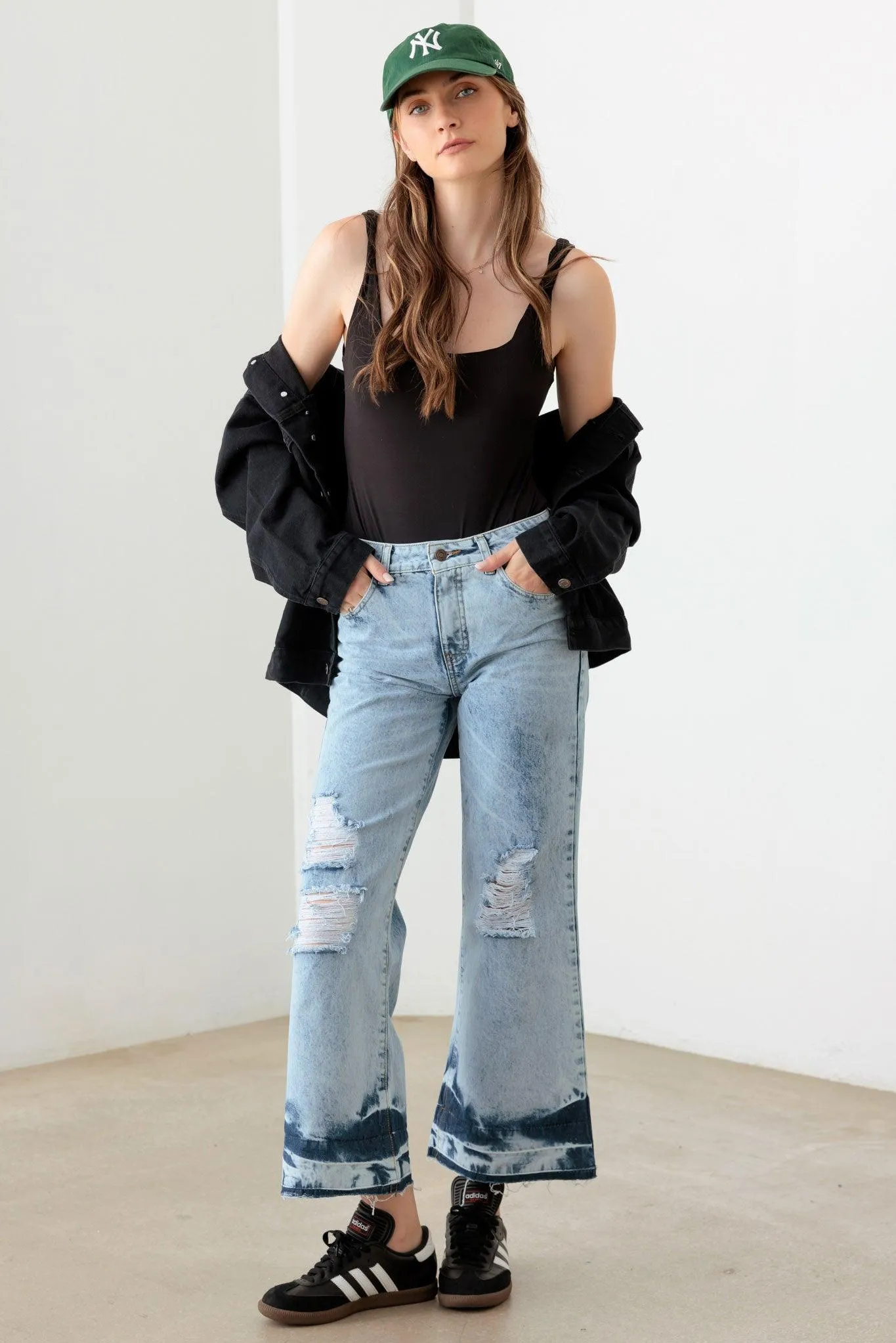 Blue Acid Washed Cotton Destroyed Cropped Jeans