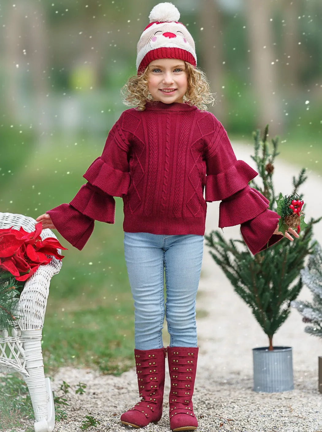 Burgundy Bliss Tiered Sleeve Cable Knit Sweater