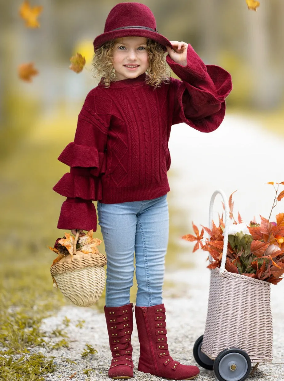 Burgundy Bliss Tiered Sleeve Cable Knit Sweater