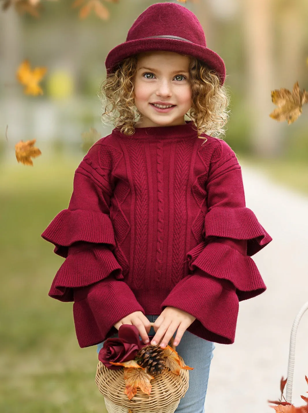 Burgundy Bliss Tiered Sleeve Cable Knit Sweater