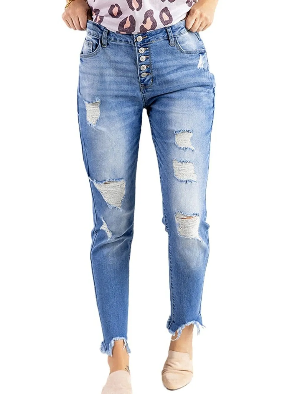 Button-Fly Distressed Jeans