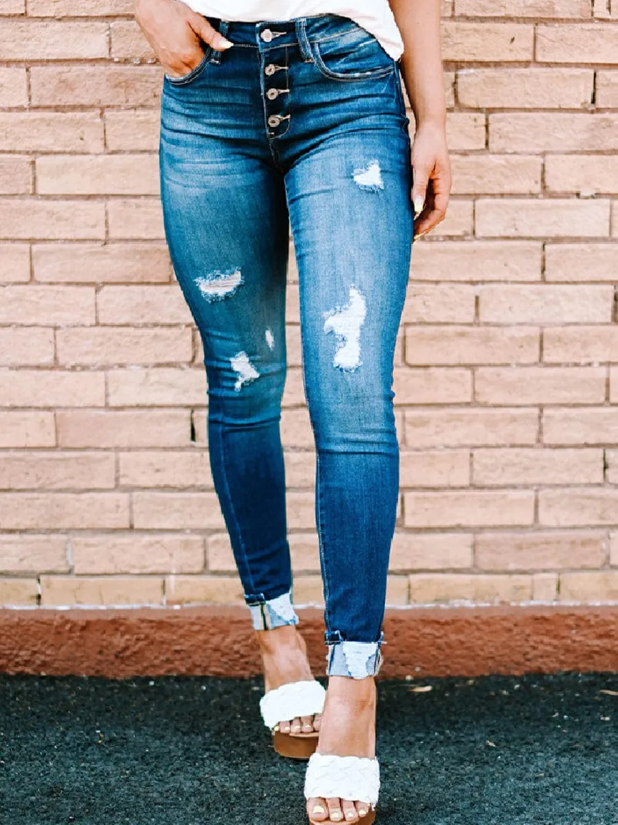 Button-Fly Distressed Jeans