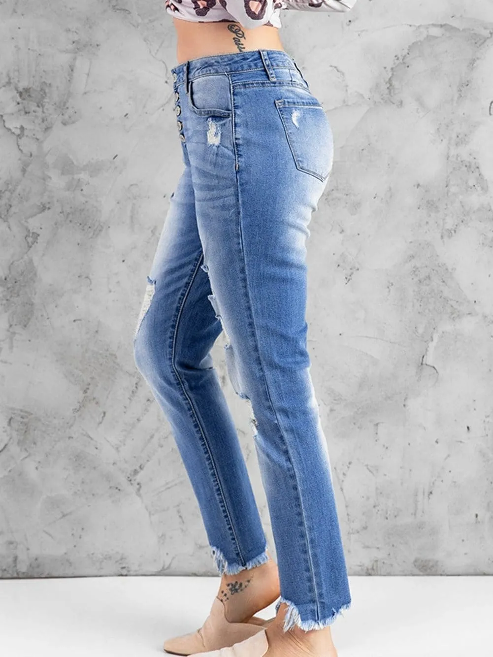 Button-Fly Distressed Jeans