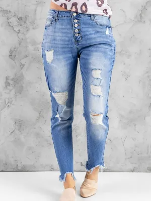 Button-Fly Distressed Jeans