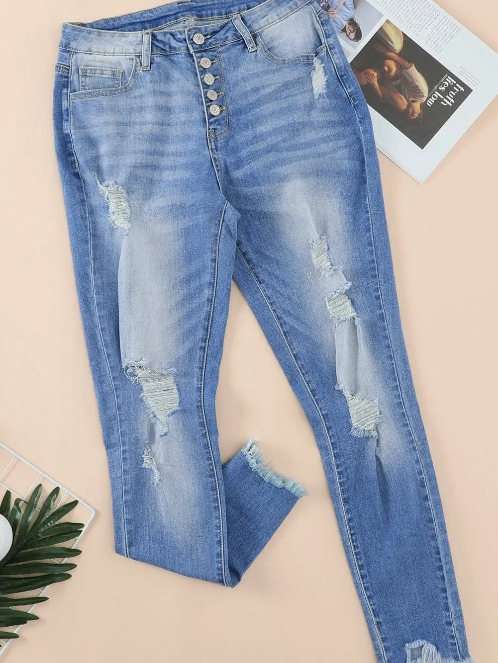 Button-Fly Distressed Jeans