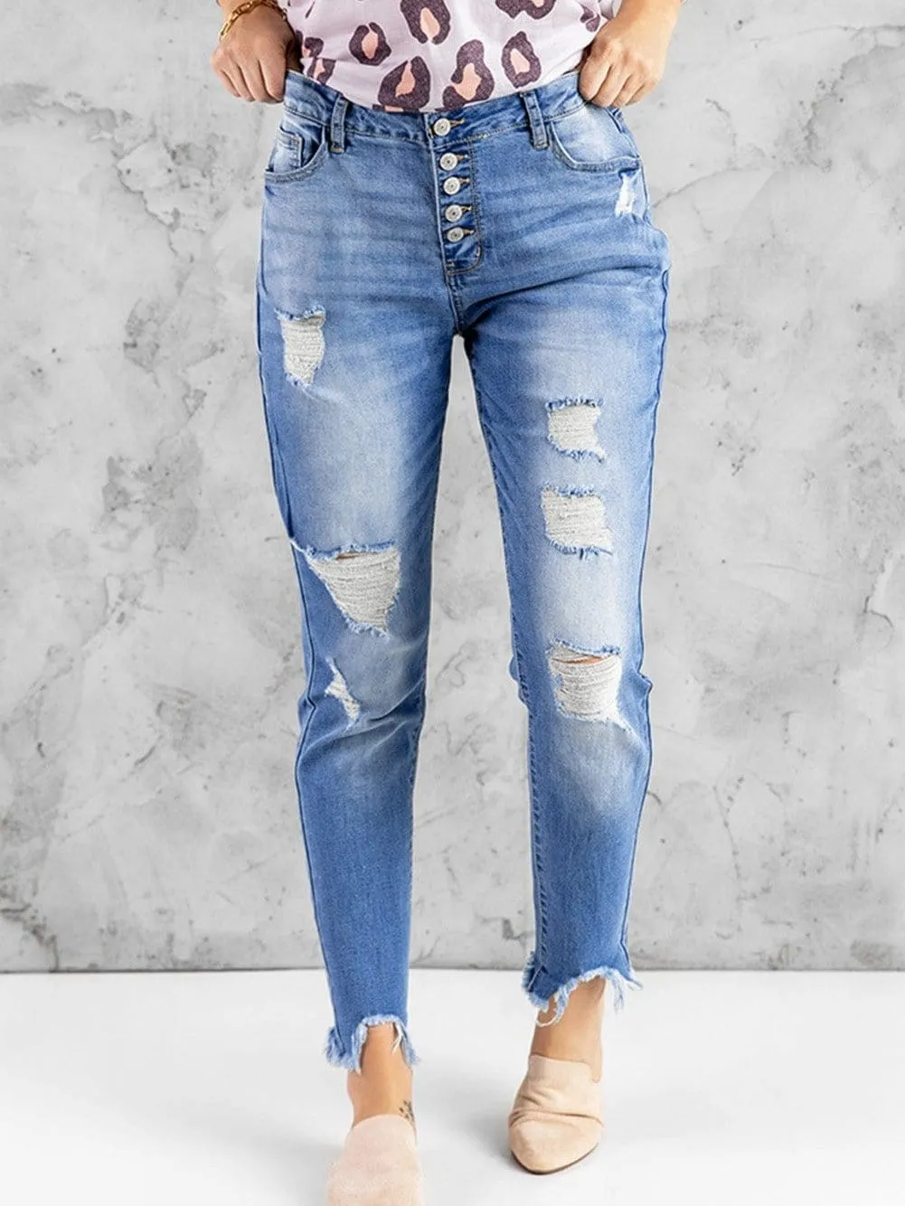 Button-Fly Distressed Jeans