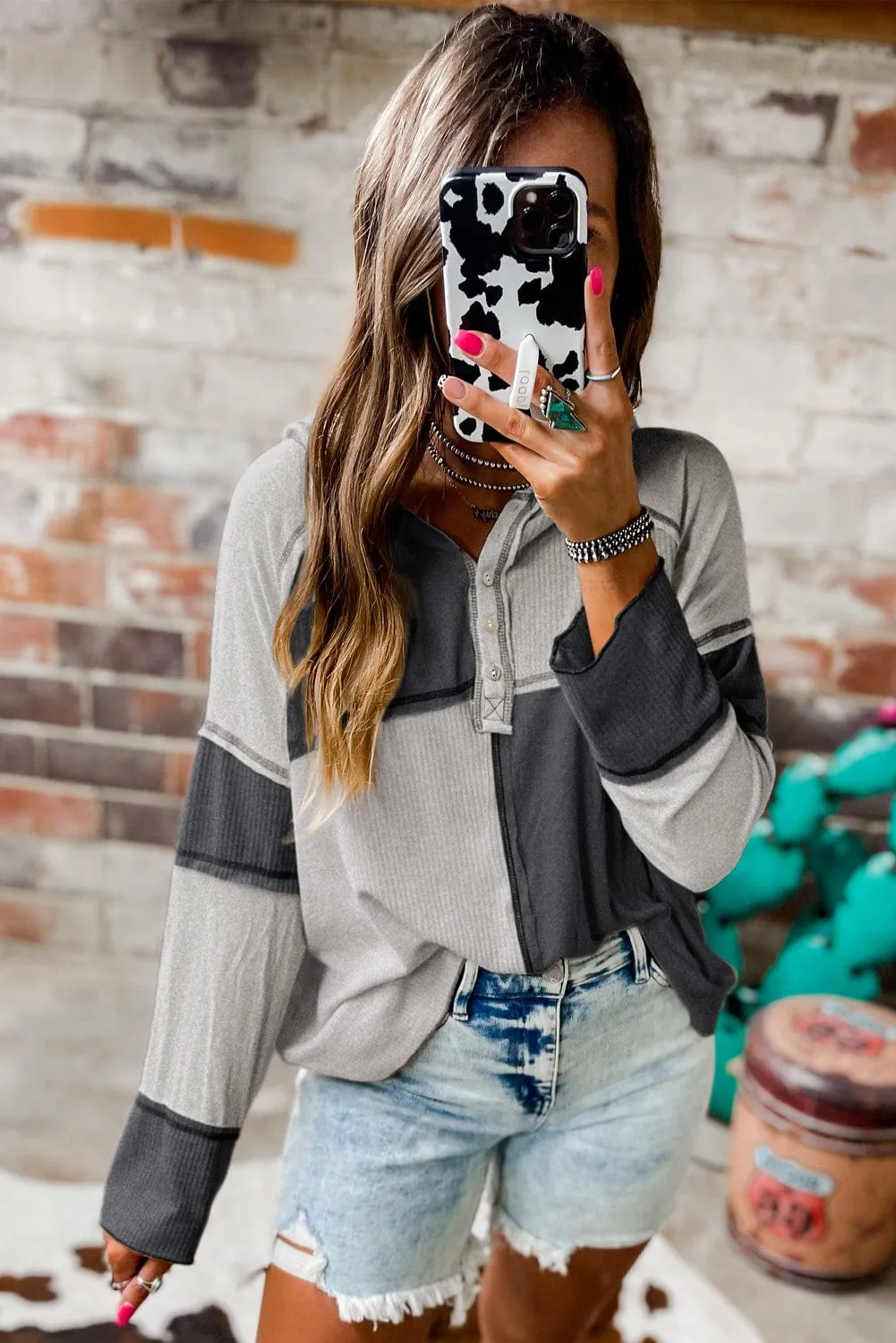 Casual Long Sleeve Top with Color Blocking