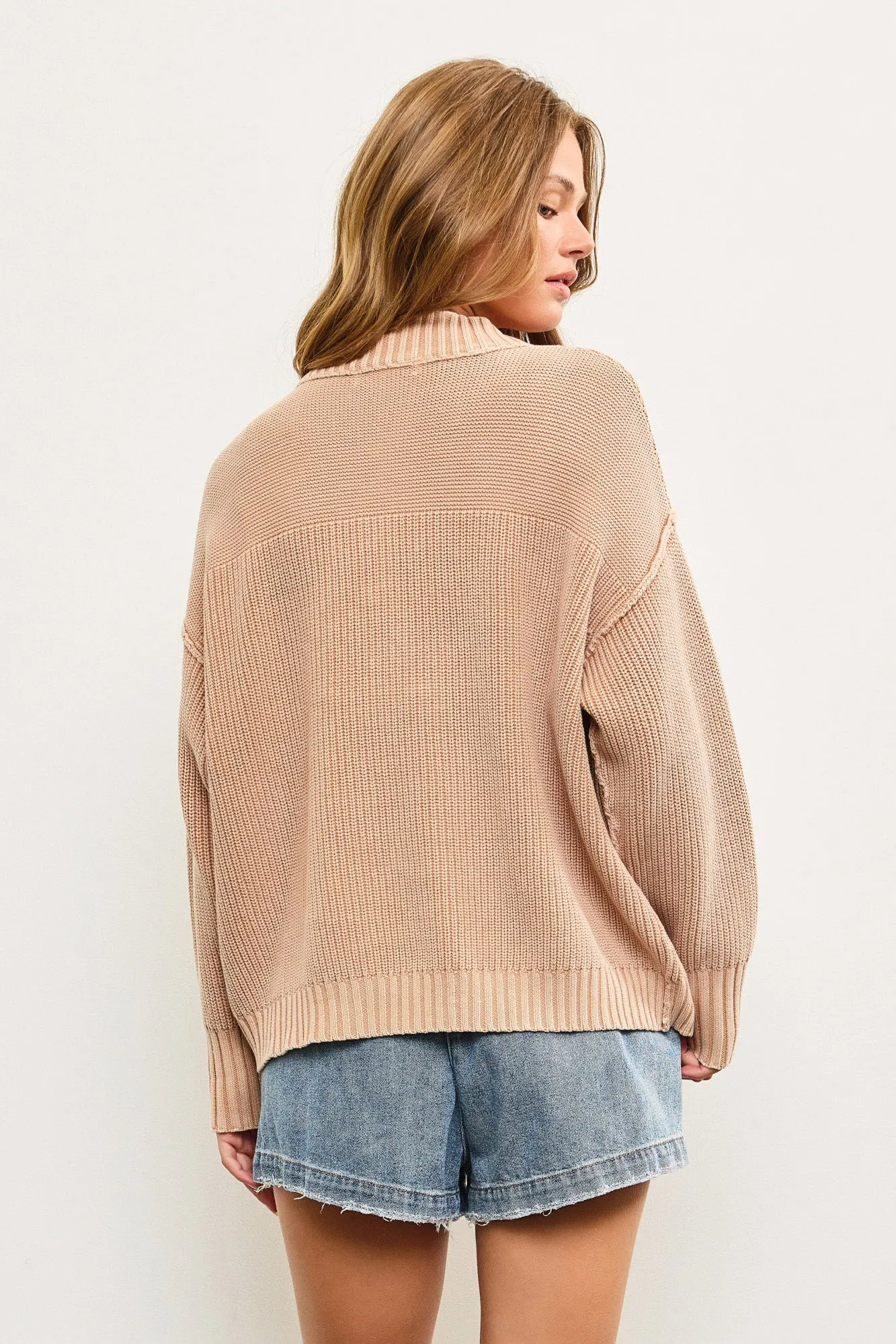 Cotton Front Quarter Button Cable Knit Sweater