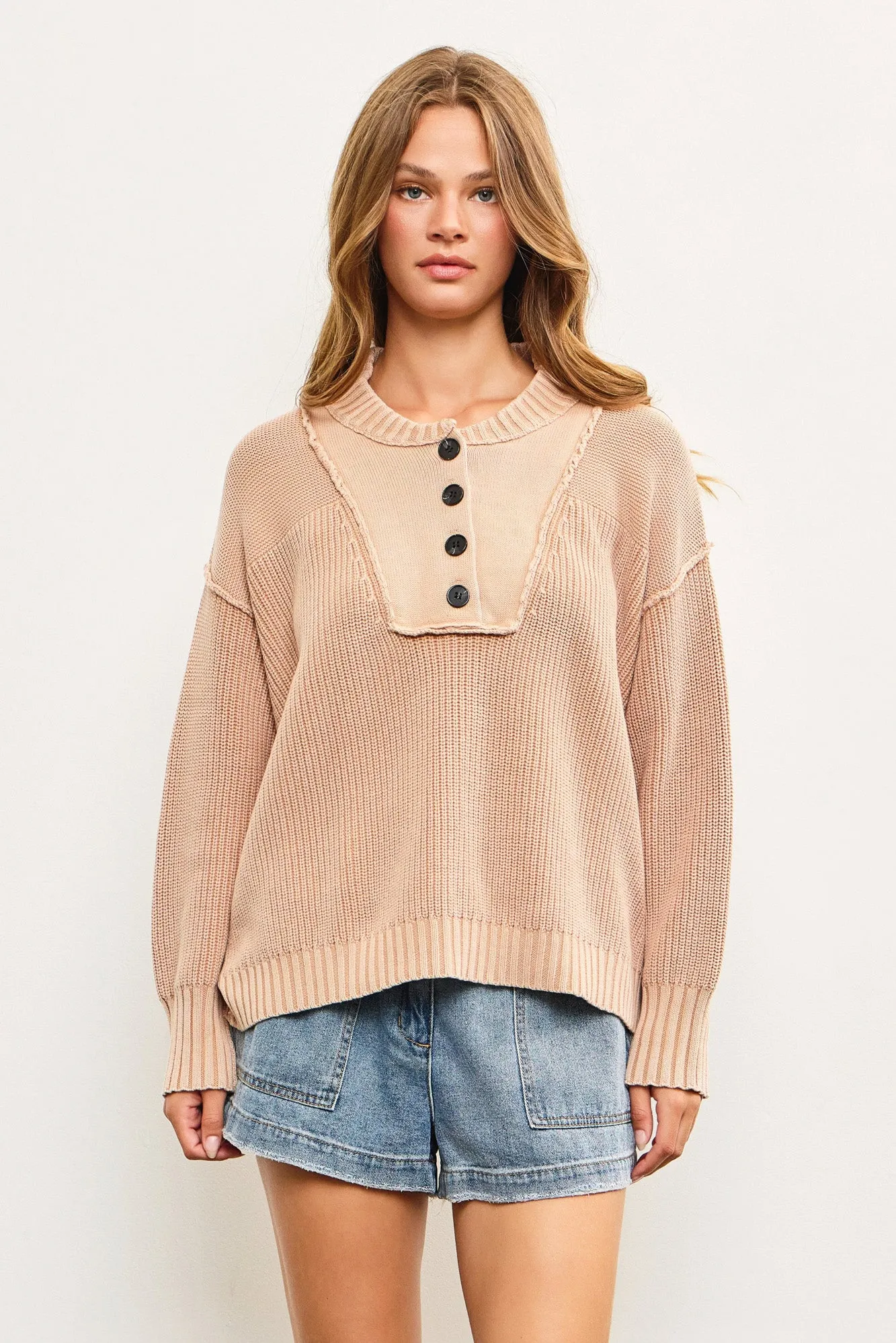 Cotton Front Quarter Button Cable Knit Sweater