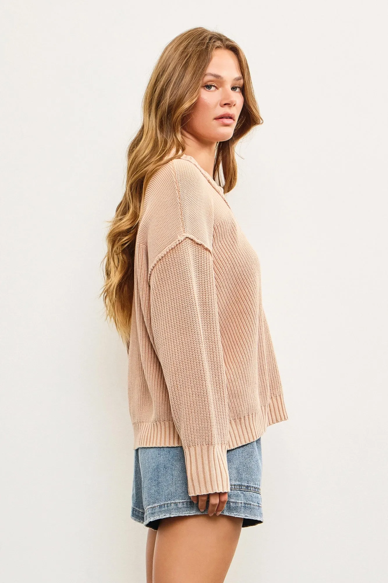 Cotton Front Quarter Button Cable Knit Sweater