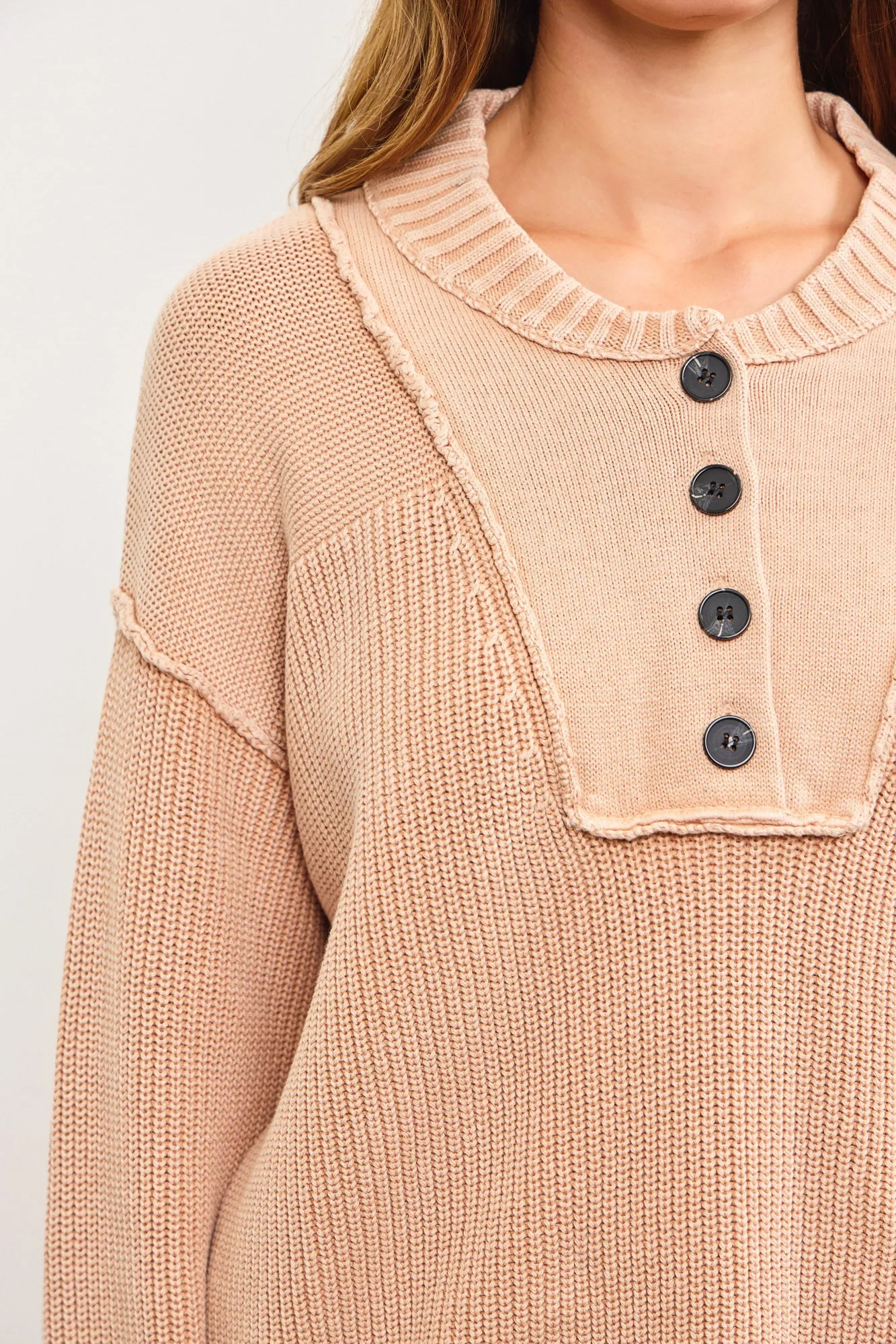 Cotton Front Quarter Button Cable Knit Sweater