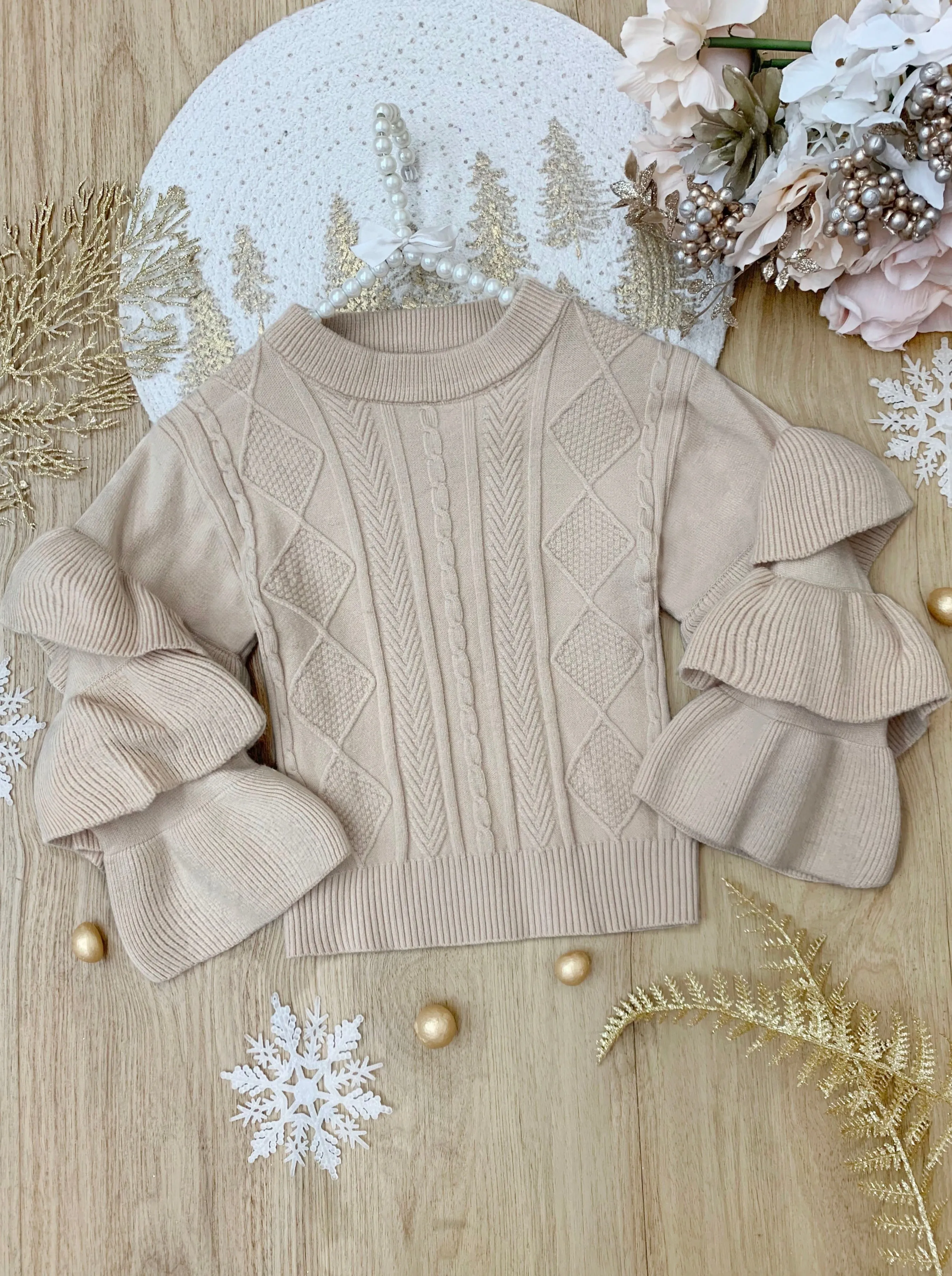 Creme Dream Tiered Sleeve Cable Knit Sweater