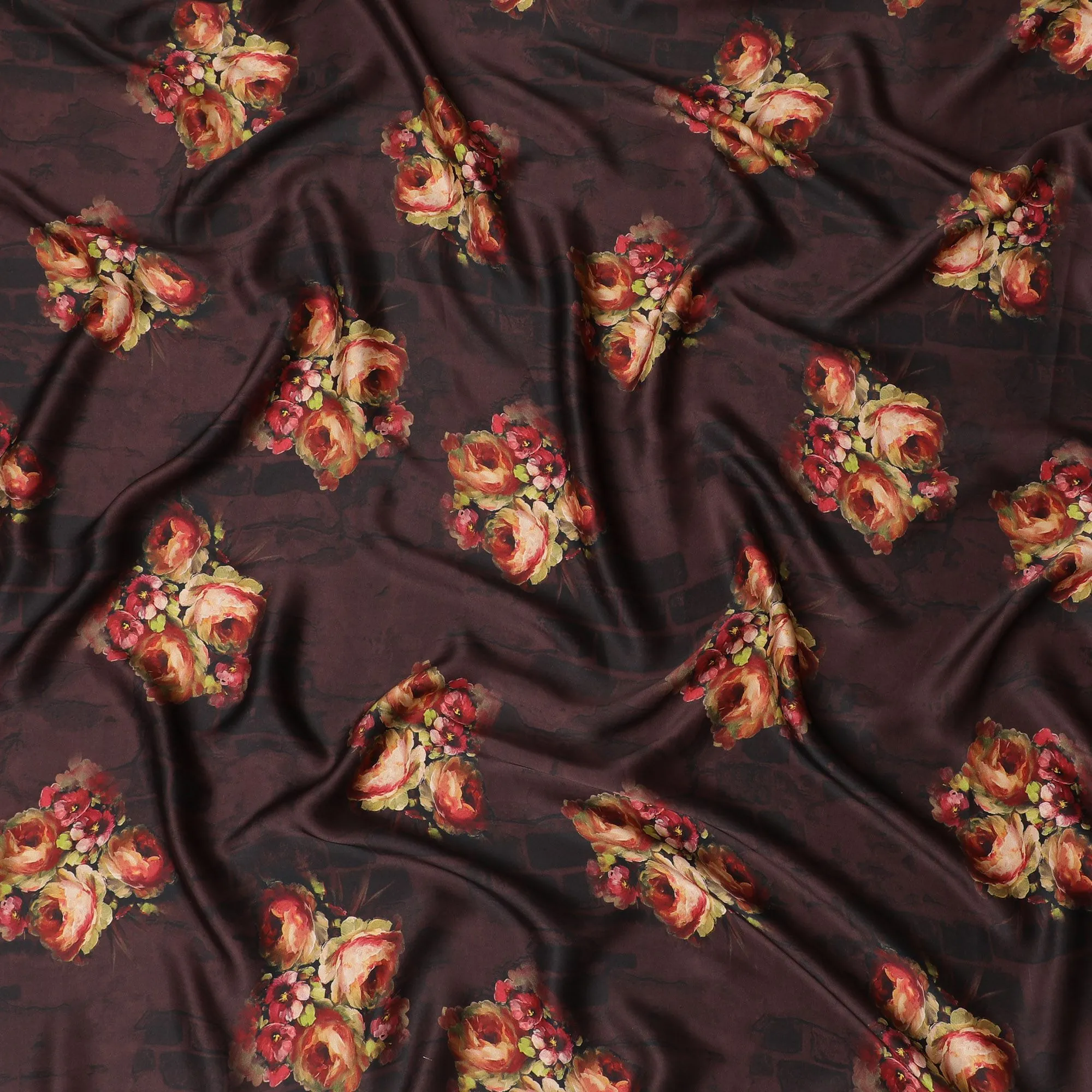 Dark maroon synthetic satin fabric with multicolor print in floral design-D16845