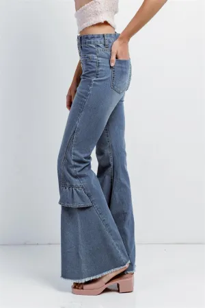 Denim High Waist Flare Raw Hem Jeans Pants /3-3-3-1-1