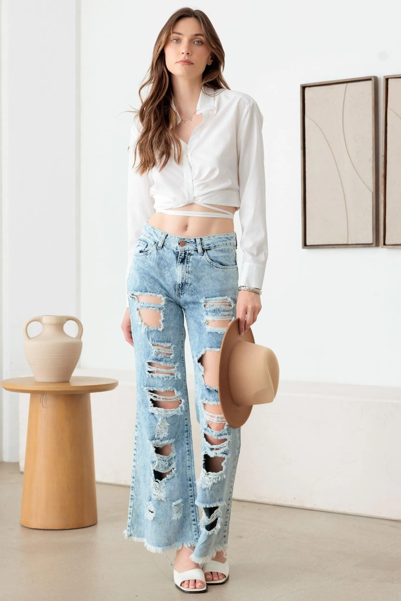 Distressed Flare Frayed Hem Denim Jeans