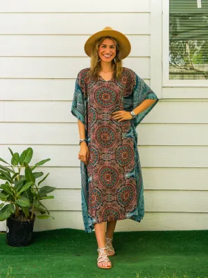 Earthy Mandala Kimono Kaftan Dress