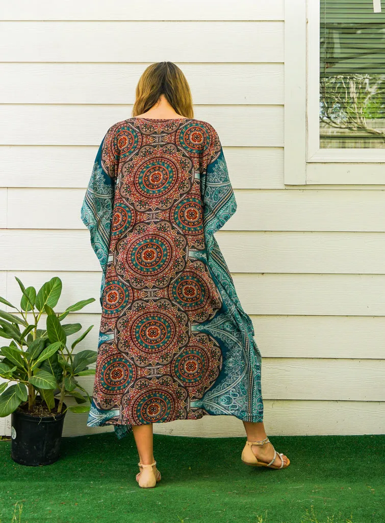 Earthy Mandala Kimono Kaftan Dress