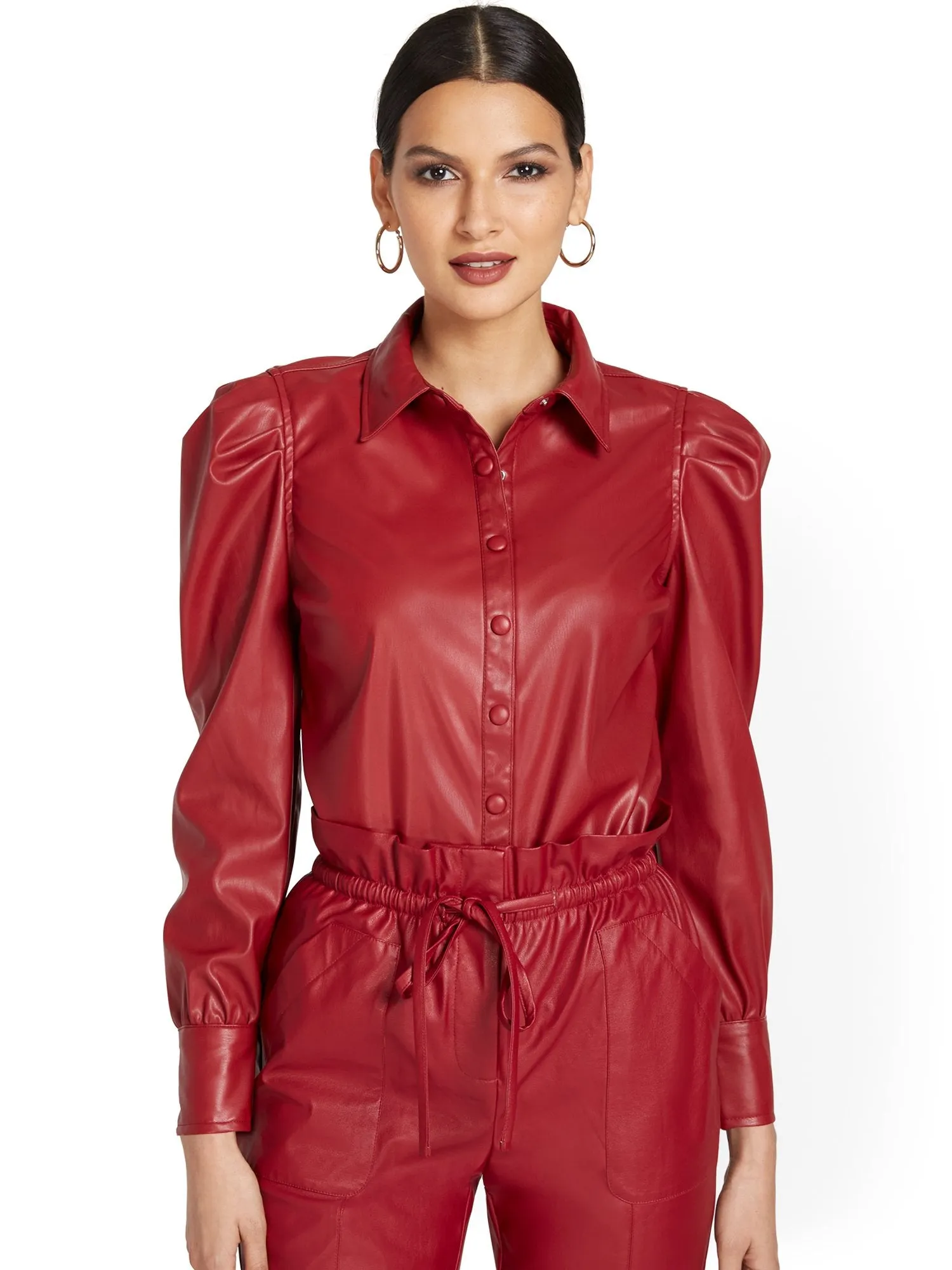 Faux-Leather Button-Front Top