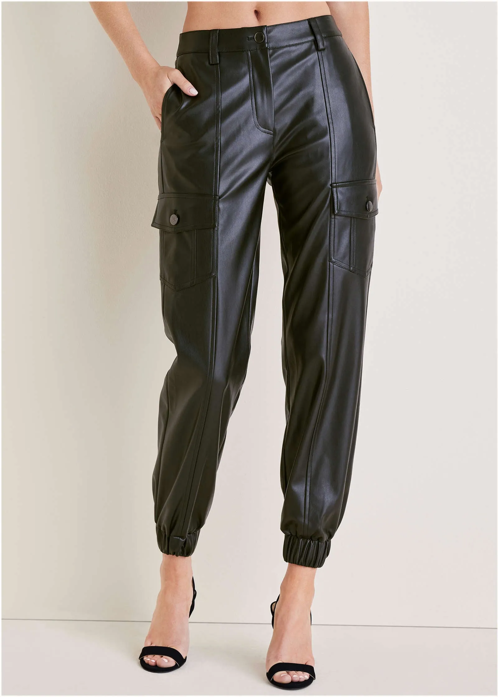 Faux Leather Cargo Pants  - Black