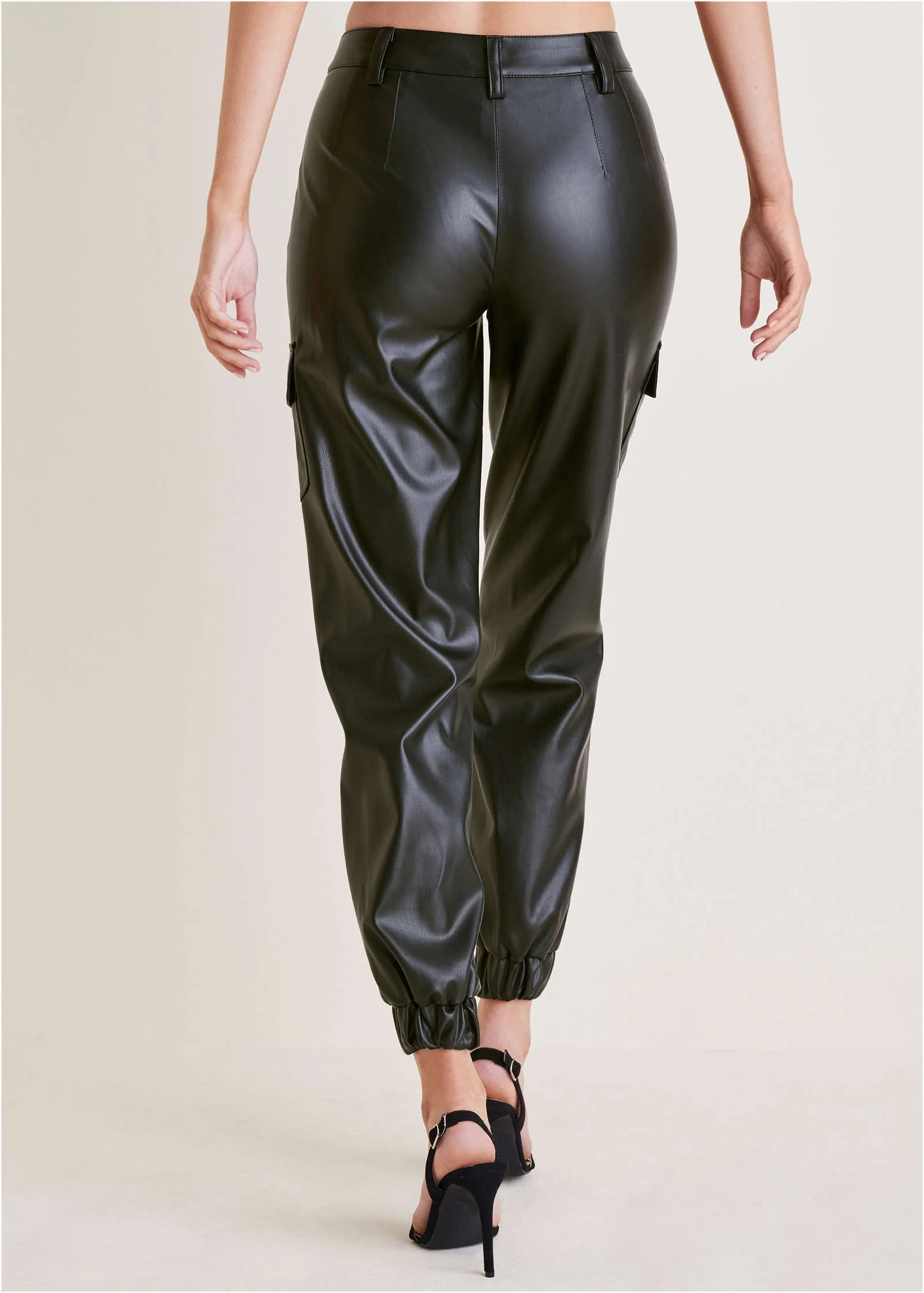 Faux Leather Cargo Pants  - Black