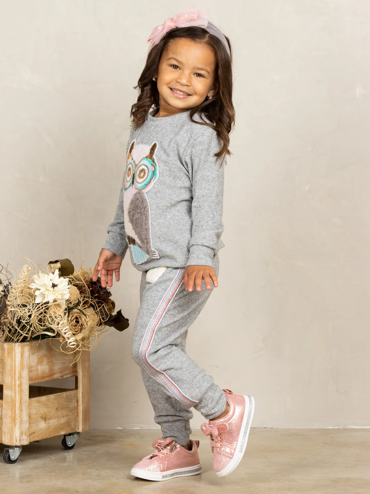 Girls Sequin Plush Owl Applique Sweatshirt and Jogger Set