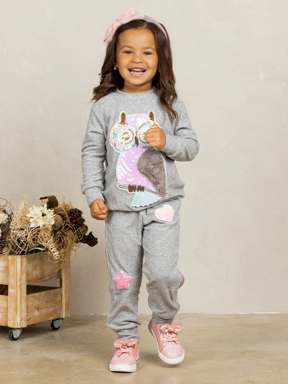 Girls Sequin Plush Owl Applique Sweatshirt and Jogger Set