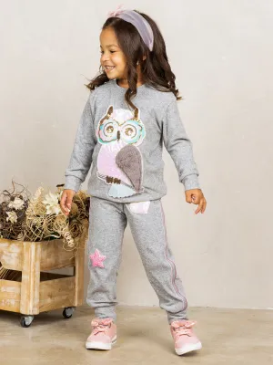 Girls Sequin Plush Owl Applique Sweatshirt and Jogger Set