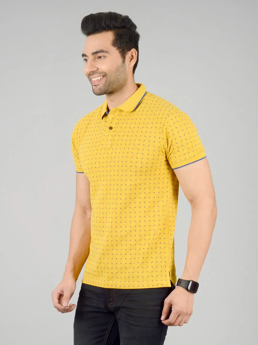 Golden Yellow Printed Slim Fit Polo T-shirt | Greenfibre