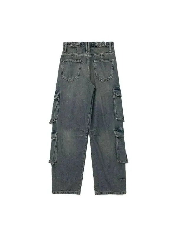 Gray Womens Denim Cargo Long Pants for a Vintage Casual Street Look