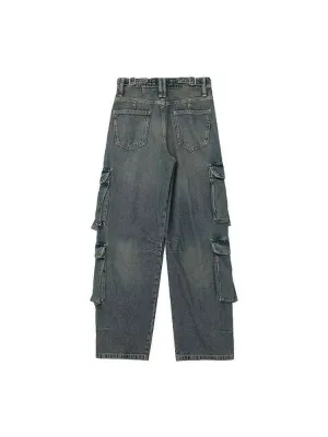 Gray Womens Denim Cargo Long Pants for a Vintage Casual Street Look