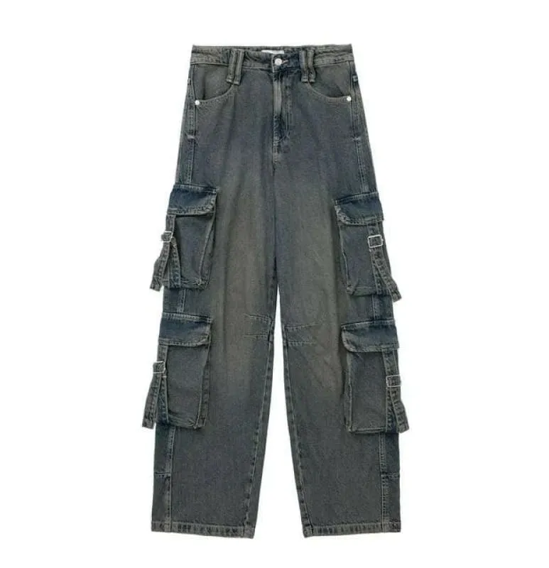 Gray Womens Denim Cargo Long Pants for a Vintage Casual Street Look