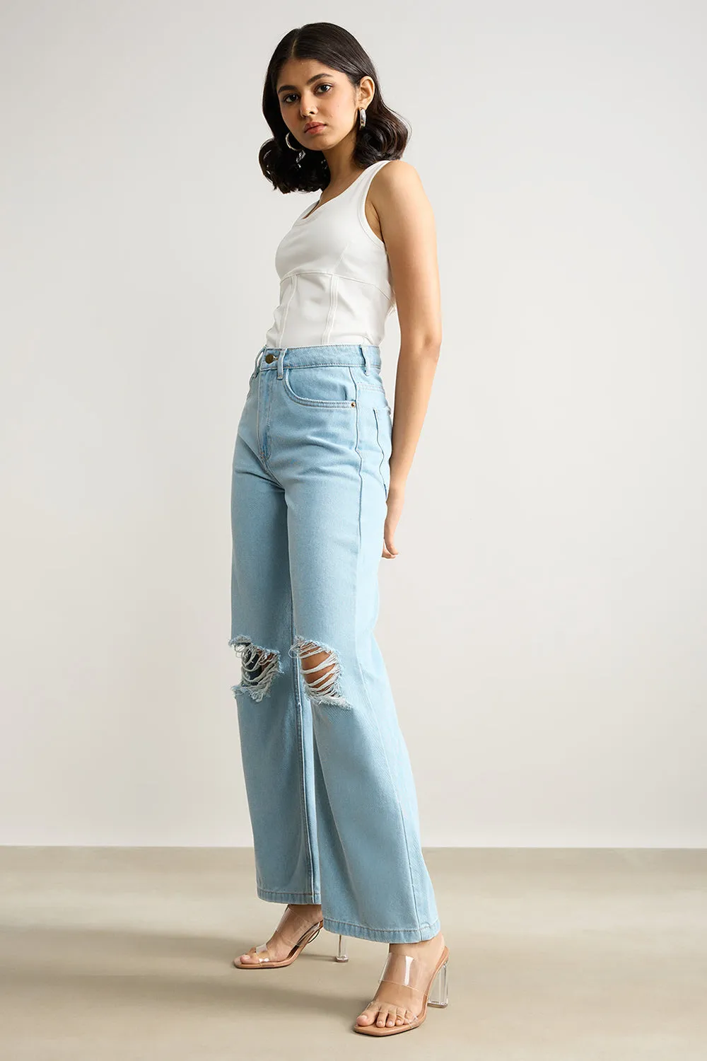 High Waisted Distressed Light Blue Jeans