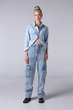 Jack Russel - Women Cargo Jeans - Handwerk JF-150 Straight Fit Bleached Look Blue High Waisted