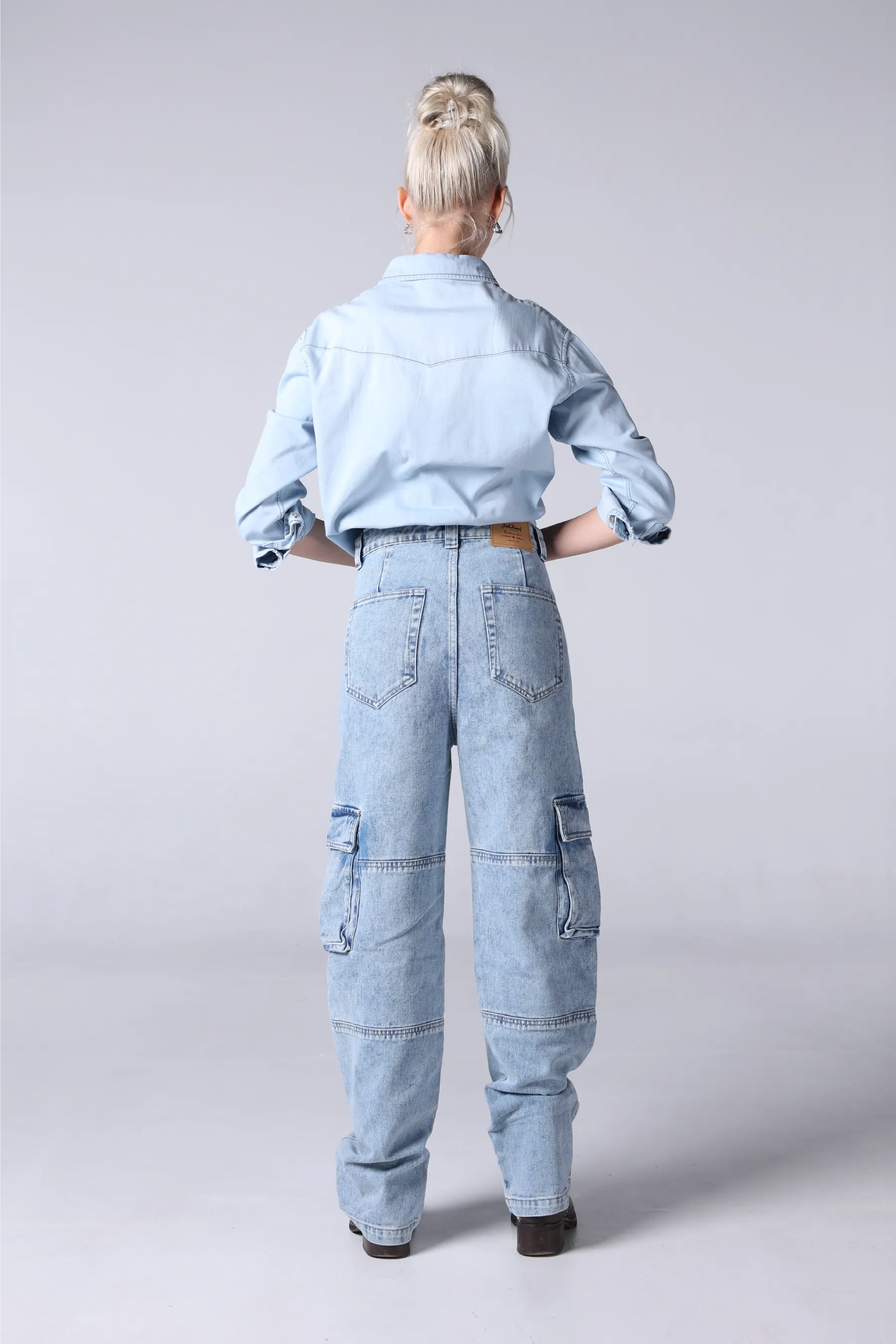 Jack Russel - Women Cargo Jeans - Handwerk JF-150 Straight Fit Bleached Look Blue High Waisted