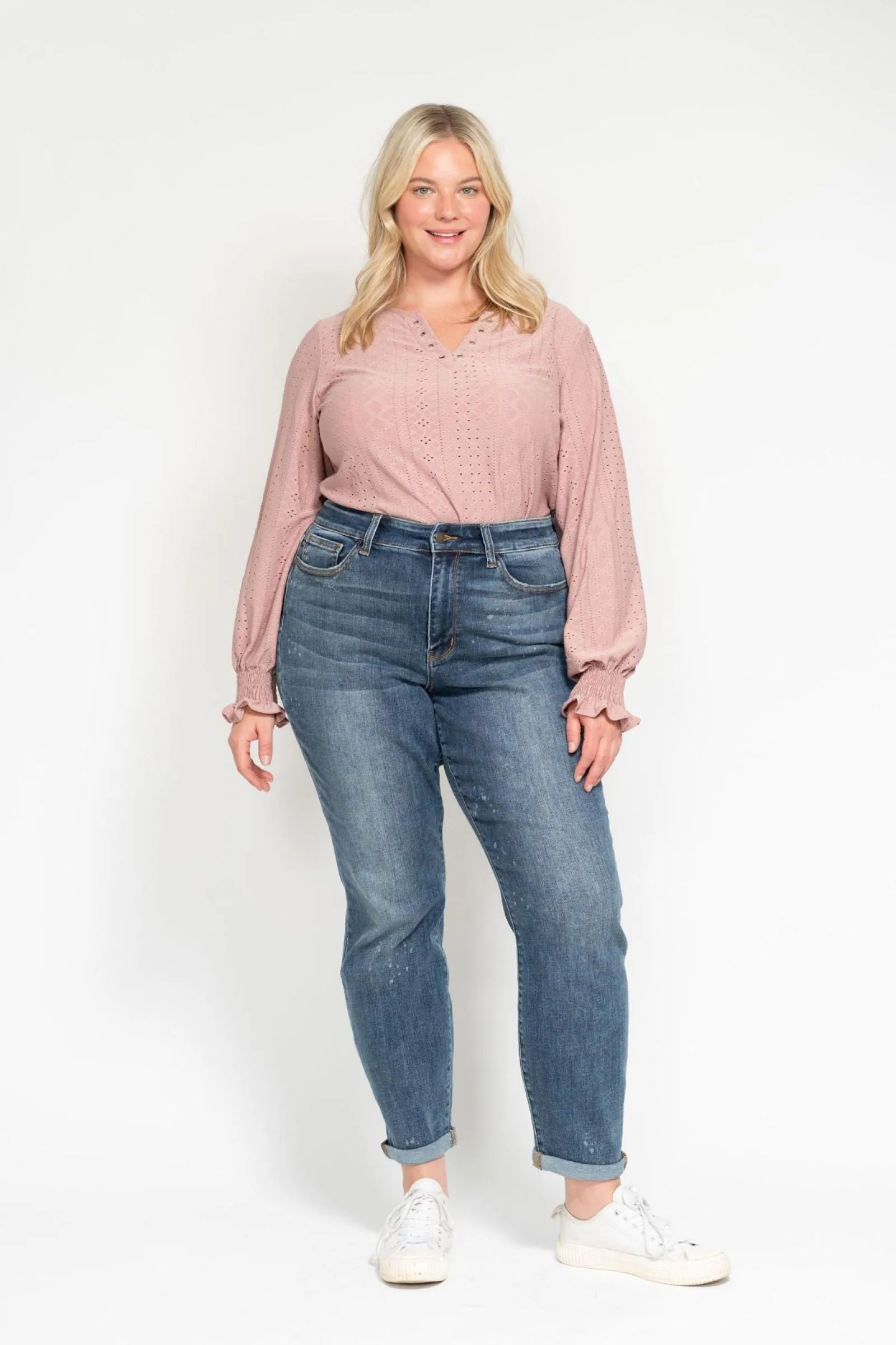 Judy Blue Reg/Plus High Waist Bleach Splash Boyfriend Jeans