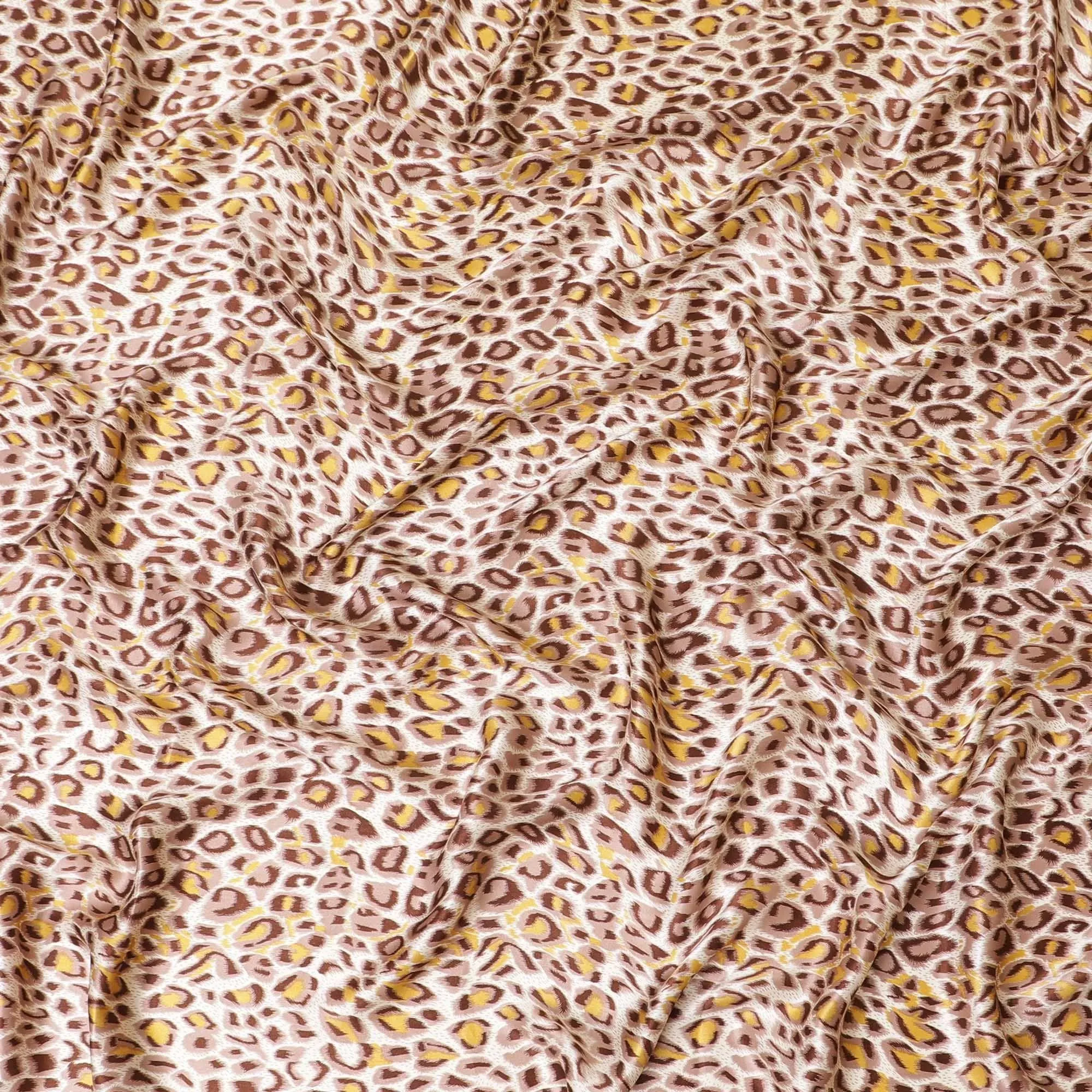 Light pink premium 100% Pure silk satin fabric with pale brown, mustard yellow and chocolate brown print in animal skin design-D9296