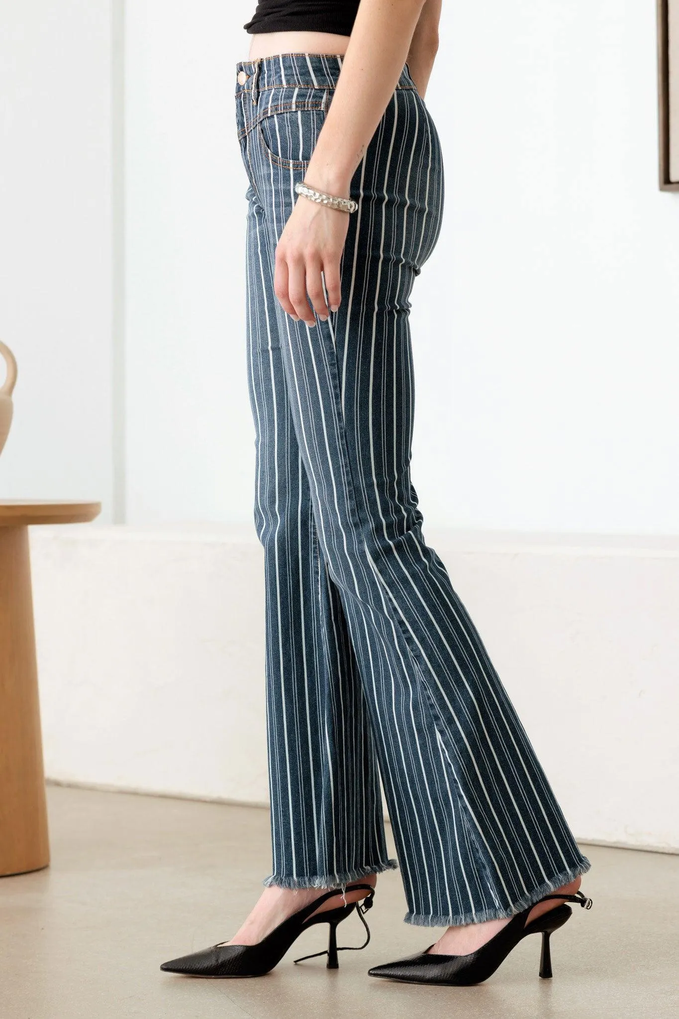 Mid Waist Stripe Flare Denim Jeans