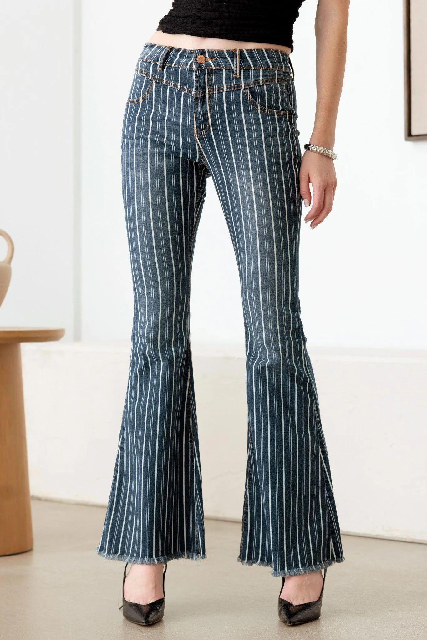 Mid Waist Stripe Flare Denim Jeans