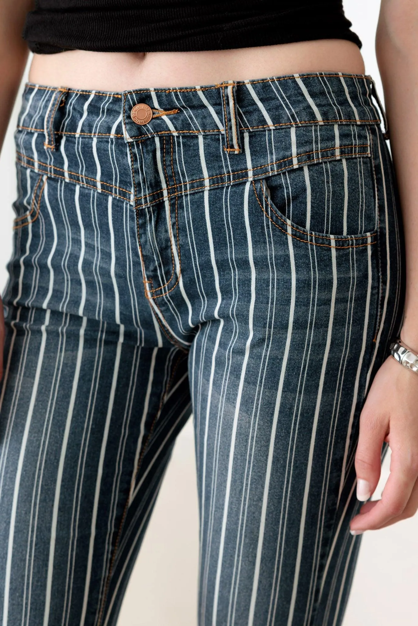 Mid Waist Stripe Flare Denim Jeans