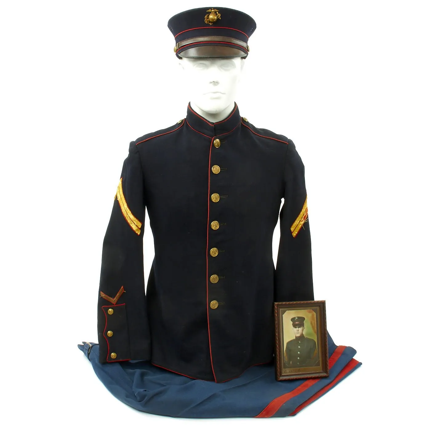 Original U.S. WWI USMC Dress Blues Corporal Uniform with Cap and Photo