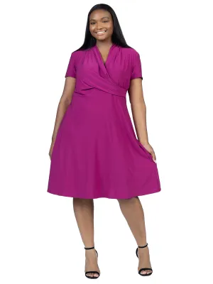 Plus Size Short Sleeve Knee Length V Neck Rouched Wrap Dress