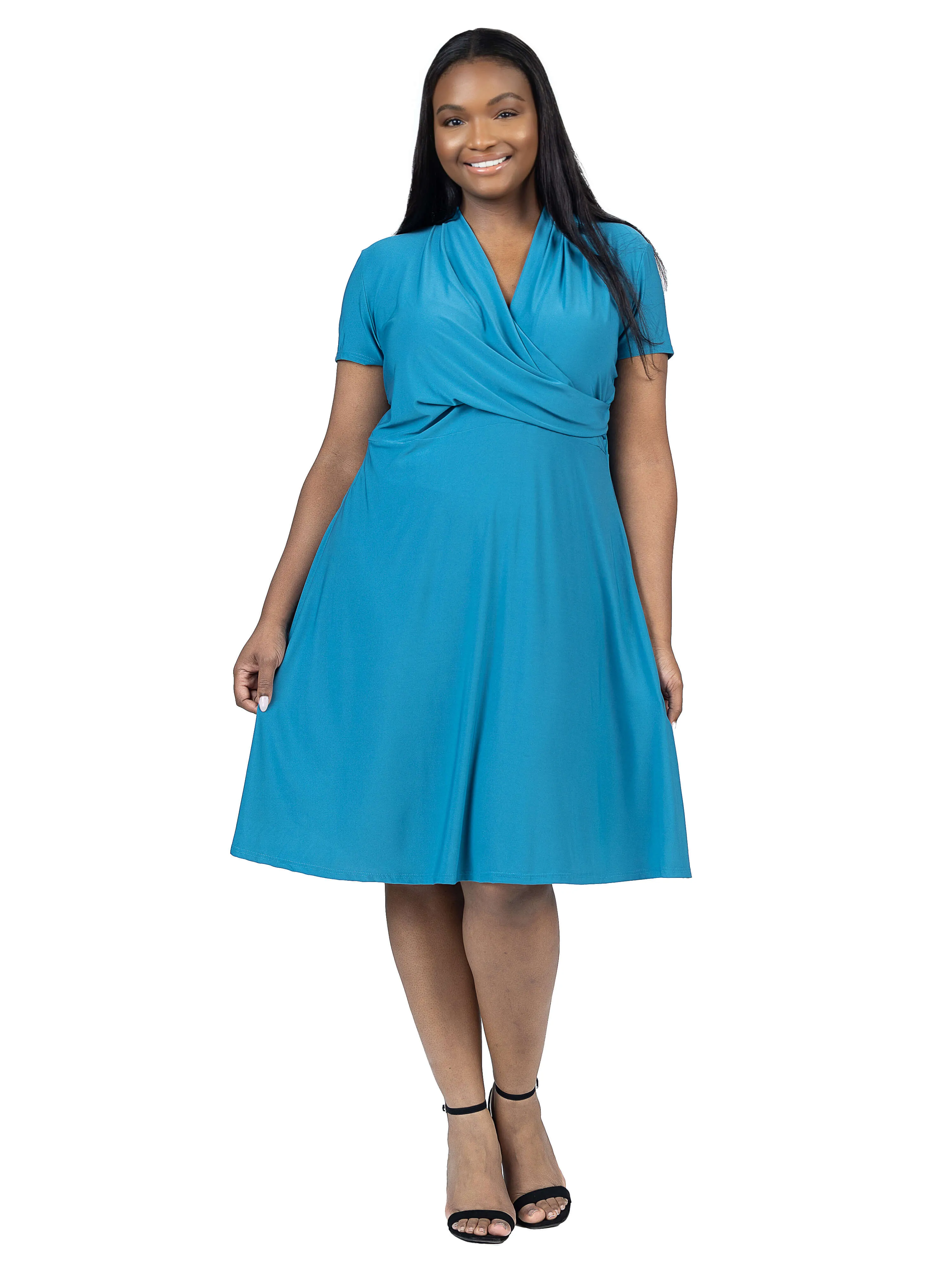 Plus Size Short Sleeve Knee Length V Neck Rouched Wrap Dress