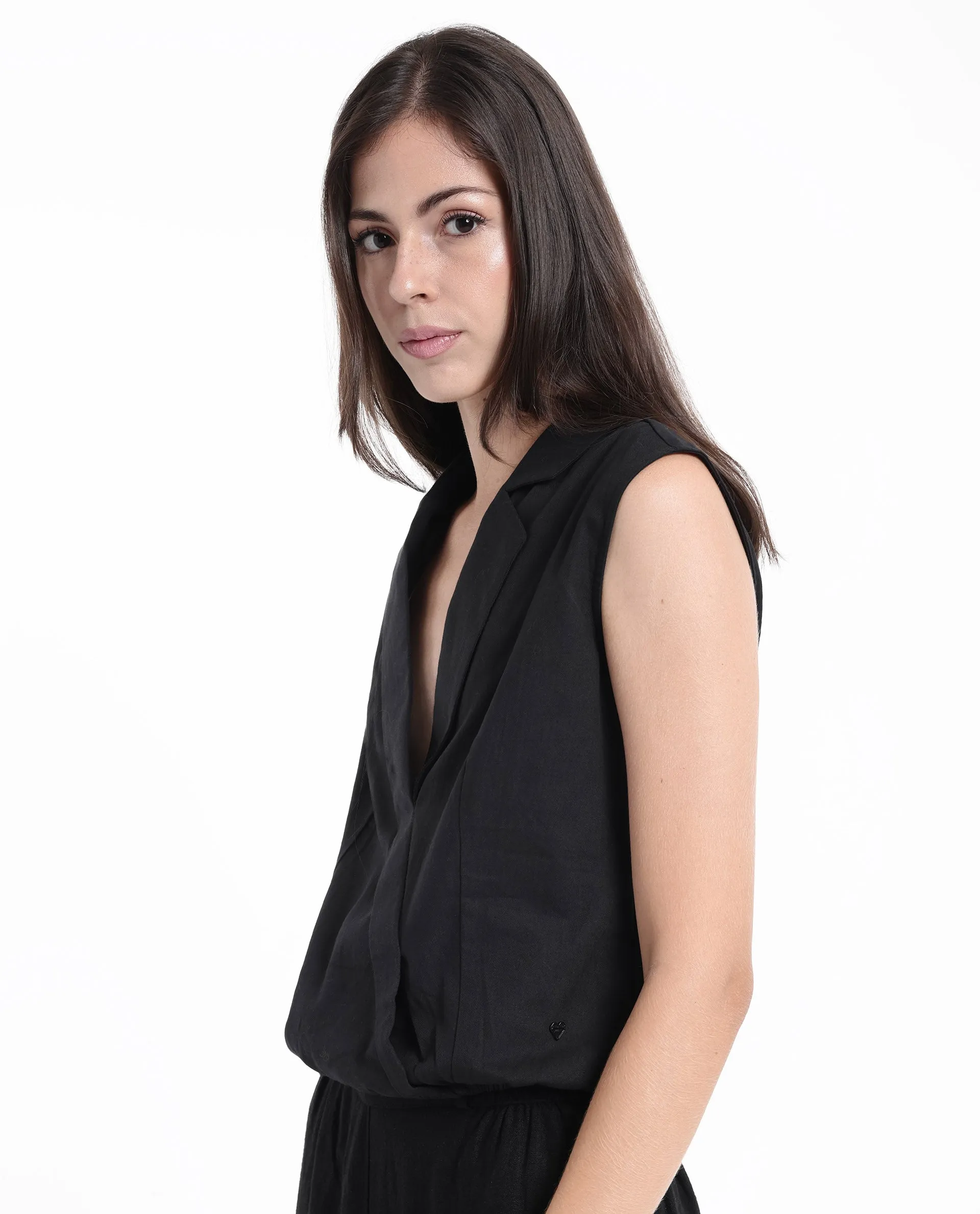 Rareism Women Lolia Black Sleeveless Lapel Neck Plain Top