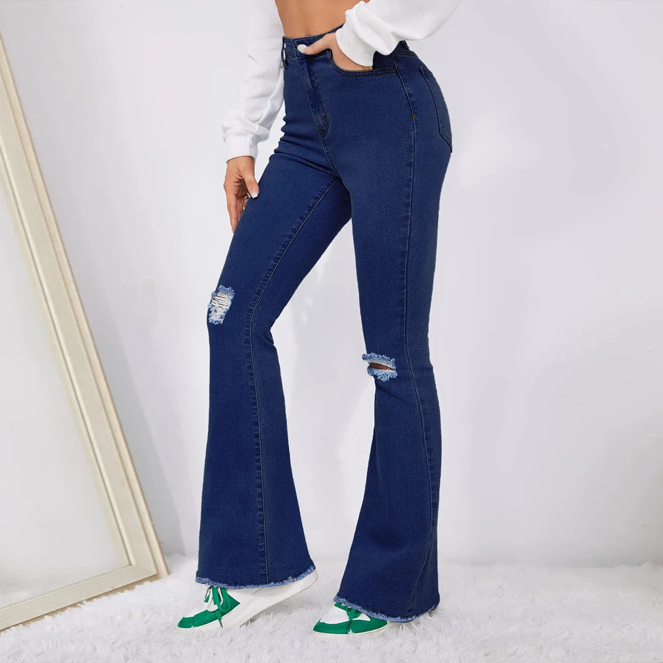 Trendy Personality Ripped Denim Flared Pants Wholesale Jeans