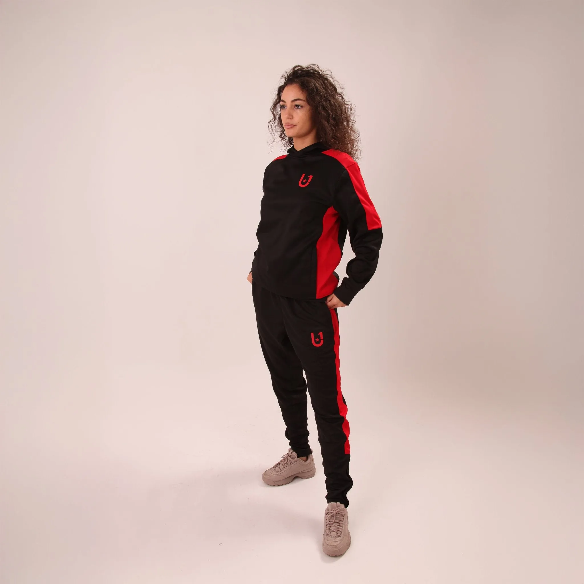 UNIFY Womens Crossover Tracksuit - Black/Red Stripes